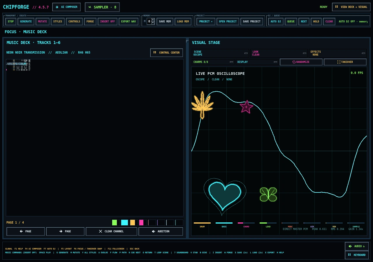 Screenshot of Chipforge 4.5.7, showing its transport rail, music deck, memory controls and reactive visual oscilloscope